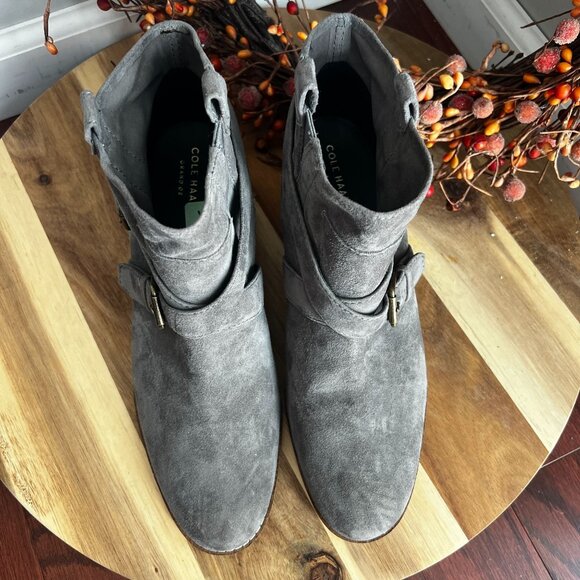 Cole Haan JENSYNN Womens Ankle Western Buckle Bootie Sz 9.5B in Gray Suede - Picture 2 of 12